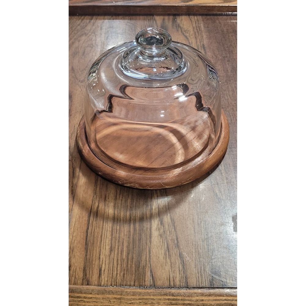 Vintage MCM Dolphin Brand Teak Wood & Glass 8" Cheese Server Heavy Glass Dome